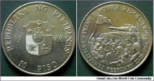 Philippines 10 piso.
1988, People Power Revolution.