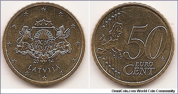 50 Euro cent
KM#155
7.8000 g., Brass, 24.25 mm. Obv: features the large coat of arms of the Republic of Latvia, with the year 2014 and the inscription LATVIJA beneath it. The coin's outer ring bears the 12 stars of the European Union. Rev: Relief map of Western Europe, stars, line and value Edge: Reeded Obv. designer: Laimonis Šēnbergs and Jānis Strupulis Rev. designer: Luc Luycx