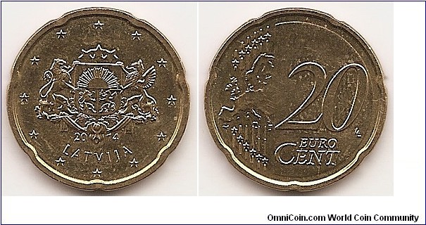 20 Euro cent
KM#154
5.7400 g., Brass, 22.25 mm. Obv: features the large coat of arms of the Republic of Latvia, with the year 2014 and the inscription LATVIJA beneath it. The coin's outer ring bears the 12 stars of the European Union. Rev: Relief map of Western Europe, stars, line and value Edge: Notched Obv. designer: Laimonis Šēnbergs and Jānis Strupulis Rev. designer: Luc Luycx

