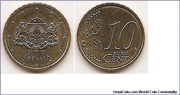 10 Euro cent
KM#153
4.1000 g., Brass, 19.75 mm. Obv: features the large coat of arms of the Republic of Latvia, with the year 2014 and the inscription LATVIJA beneath it. The coin's outer ring bears the 12 stars of the European Union. Rev: Relief map of Western Europe, stars, line and value Edge: Reeded Obv. designer: Laimonis Šēnbergs and Jānis Strupulis Rev. designer: Luc Luycx