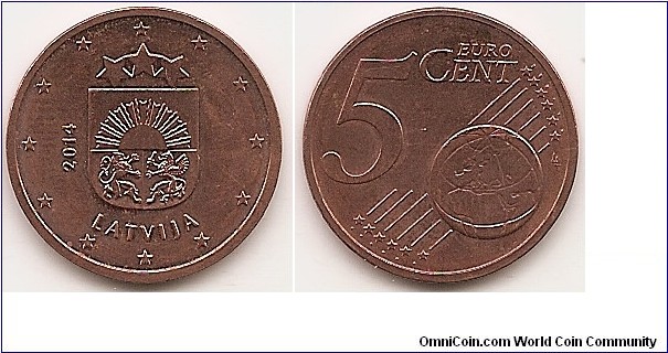 5 Euro cent
KM#152
3.9200 g., Copper Plated Steel, 21.25 mm. Obv: features the small coat of arms of the Republic of Latvia, with the year 2014 on the left and the inscription LATVIJA beneath it. The coin's outer ring bears the 12 stars of the European Union. Rev:  shows Europe in relation to Africa and Asia on a globe; it also features the numeral 5 and the inscription EURO CENT. Edge: Plain Obv. designer: Laimonis Šēnbergs and Jānis Strupulis Rev. designer: Luc Luycx
