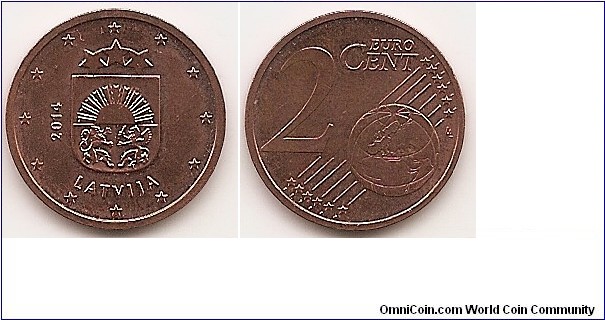 2 Euro cent
KM#151
3.0600 g., Copper Plated Steel, 18.75 mm. Obv: features the small coat of arms of the Republic of Latvia, with the year 2014 on the left and the inscription LATVIJA beneath it. The coin's outer ring bears the 12 stars of the European Union. Rev:  shows Europe in relation to Africa and Asia on a globe; it also features the numeral 2 and the inscription EURO CENT. Edge: Smooth with a groove Obv. designer: Laimonis Šēnbergs and Jānis Strupulis Rev. designer: Luc Luycx