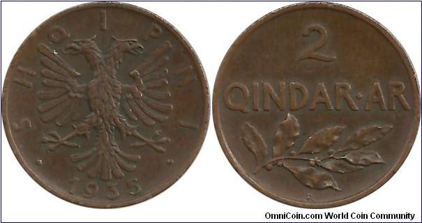 Albania-Kingdom 2 Qindar Ar 1935
