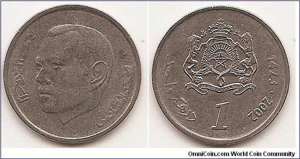 1 Dirham -AH1423-
Y#117
6.0000 g., Copper-Nickel, 24 mm. Obv: Head 3/4 left Rev: Crowned arms with supporters above value Edge: Reeded