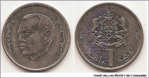 1 Dirham -AH1433-
Y#139
6.0000 g., Nickel Plated Steel, 24 mm. Obv: Head left Rev: Crowned national arms with supporters, value below Edge: Reeded