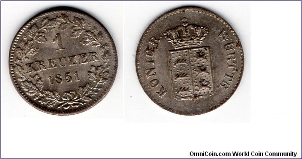 Wurttemberg 
1 Kreuzer 
King William I