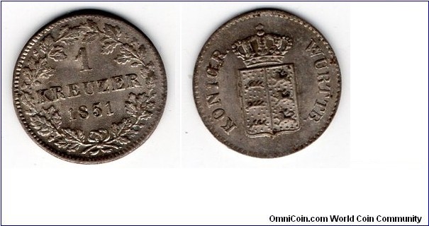 Wurttemberg 
1 Kreuzer 
King William I 