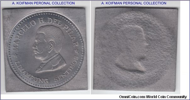 Unlisted 1967 Philippines 50 centavos pattern uniface trial strike; lead, klippe; supposedly from J.J.Tupaz 