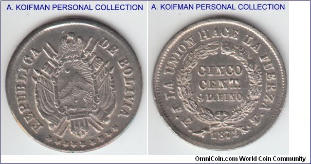 KM-156.3, 1872 Bolivia 5 centavos, FE essayer; silver, reeded edge; poorly struck uncirculated or almost.