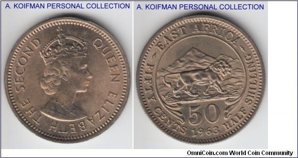 KM-36, 1963 East Africa (British) 50 cents; copper-nickel, reeded edge; brilliant uncirculated, minor patina.