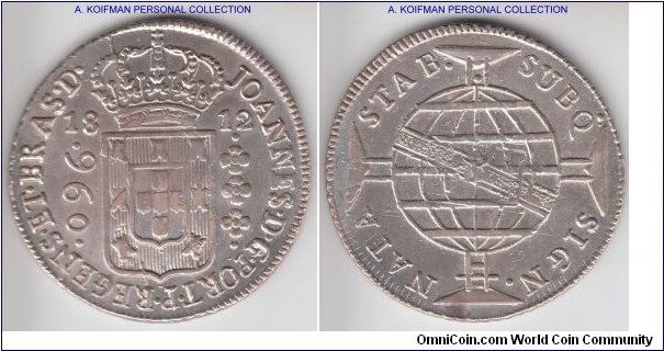 KM-307.1, 1812 Brazil 960 reis, Bahia mint (B mintmark); silver, corded edge; scarcer year.