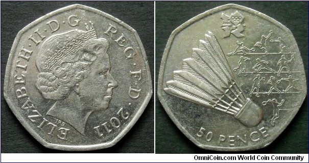 United Kingdom 50 pence.
2011, London Olympics 2012.
Badminton.