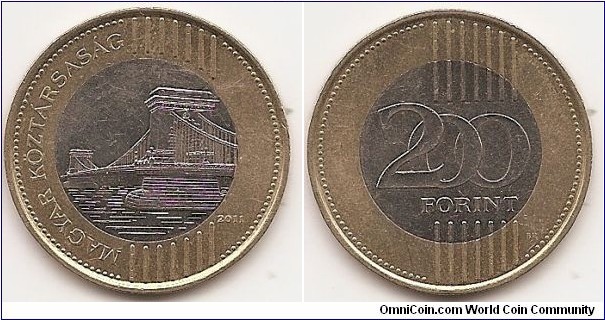 200 Forint
KM#826
9.0000 g., Bi-Metallic Copper-Nickel center in Nickel-Brass ring, 28.3 mm. Obv: Suspension Bridge over the Danube Rev: Value Edge: Segmented reeding