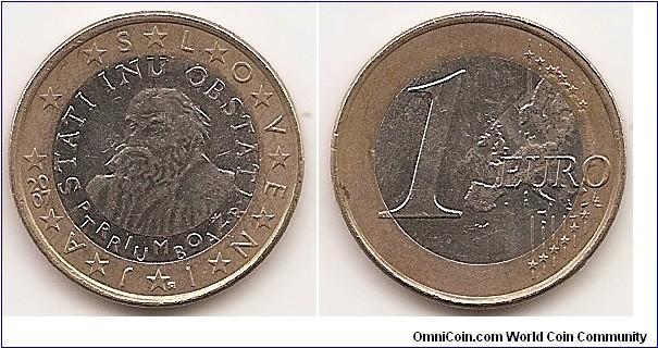 1 Euro
KM#74
7.5000 g., Bi-Metallic Copper-Nickel center in Nickel-Brass ring, 23.25 mm. Obv: The inscriptions 'STATI INU OBSTATI' (to stand and withstand) and PRIMOZ TRUBAR, the author of the first book printed in Slovene Rev: Relief map of Western Europe, stars, lines and value Edge: Segmented reeding Obv. designer: Miljenko Licul, Maja Licul and Janez Boljka Rev. designer: Luc Luycx