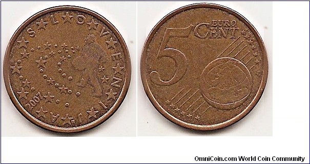 5 Euro cent
KM#70
3.9200 g., Copper Plated Steel, 21.25 mm. Obv: Grohar's painting 'A Sower' sowing stars representing member states of EU Obv. Legend: SLOVENIJA, star between each letter Rev: shows Europe in relation to Africa and Asia on a globe; it also features the numeral 5 and the inscription EURO CENT Edge: Plain Obv. designer: Miljenko Licul, Maja Licul and Janez Boljka Rev. designer: Luc Luycx