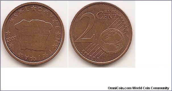 2 Euro cent
KM#69
3.0600 g., Copper Plated Steel, 18.75 mm. Obv: Princely stone of power in consciousness Obv. Legend: SLOVENIJA, star between each letter Rev: shows Europe in relation to Africa and Asia on a globe; it also features the numeral 2 and the inscription EURO CENT Edge: Grooved Obv. designer: Miljenko Licul, Maja Licul and Janez Boljka Rev. designer: Luc Luycx