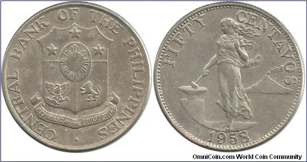 Philippines 50 Centavos 1958 (I clean the coin)