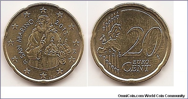 20 Euro cent
KM#483
5.7300 g., Brass Obv: Saint holding Monte Titano Rev: Relief map of Western Europe, stars, line and value Edge: Notched Obv. designer: Frantisek Chochola Rev. designer: Luc Luycx