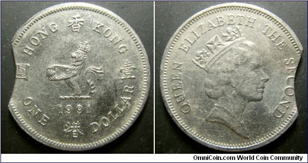 Hong Kong 1991 1 dollar. Clipped. Weight: 6.89g. 