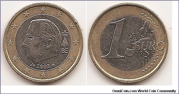 1 Euro
KM#280
7.5000 g., Bi-Metallic Copper-Nickel center in Nickel-Brass ring, 
23.25 mm. Ruler: Albert II Obv: Redesigned effigy of His Majesty Albert II, King of the Belgians, encircled by twelve stars, but the royal monogram and the date of issuance featured in the inner part of the coin – not in the outer ring – together with two new elements: the mint marks and the abbreviation of the country name (‘BE’) Rev: Relief map of Western Europe, value and stars Edge: Segmented reeding Obv. designer: Jan Alfons Keustermans Rev. designer: Luc Luycx