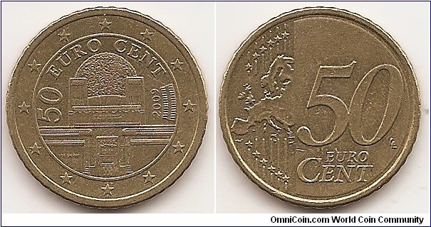50 Euro cent
KM#3141
7.8000 g., Brass, 24.25 mm. Obv: secession building in Vienna, illustrating the birth of art nouveau in Austria. The building symbolises the birth of a new age and represents a bridge to a new monetary era. Rev: Expanded relief map of European Union at left, denomination at right Edge: Reeded Obv. designer: Josef Kaiser Rev. designer: Luc Luycx