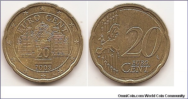 20 Euro cent
KM#3140
5.7400 g., Brass, 22.25 mm. Obv: Belvedere Palace gate Rev: Expanded relief map of European Union at left, denomination at center right Edge: Notched Obv. designer: Josef Kaiser Rev. designer: Luc Luycx
