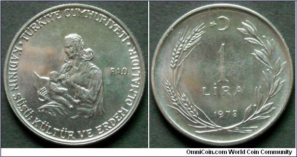 Turkey 1 lira.
1978, Education for Village Women - F.A.O. issue.
Stainless steel.
Weight; 8g.
Diameter; 27mm.
Mintage: 20.000 pieces. 