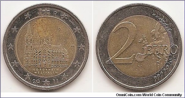 2 Euro
KM#293
8.5000 g., Bi-Metallic Nickel-Brass center in Copper-Nickel ring, 25.75 mm. Obv: the Cologne Cathedral above the words “Nordrhein-Westfalen” to designate the German federal state of North Rhine-Westphalia in which it stands. The 12 stars of the European Union are depicted on the outer ring, together with the year of issue, 2011, at the bottom.  Rev: Large value at left, modified outline of Europe at right. Obv. designer: Heinz Hoyer Rev. designer: Luc Luycx