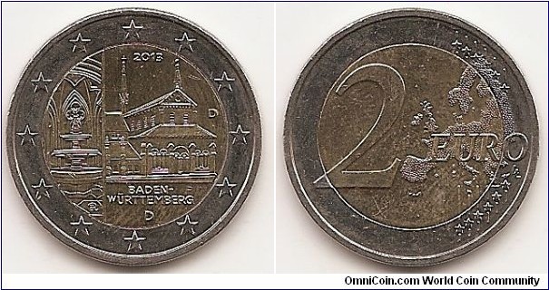 2 Euro
KM#314
8.5000 g., Bi-Metallic Nickel-Brass center in Copper-Nickel ring, 25.75 mm. Obv: Baden-Wurttenberg, Maulbrunn Cloister Rev: Large value at left, modified outline of Europe at right. Obv. designer: Eugen Ruhlr Rev. designer: Luc Luycx