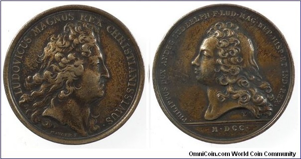 1700 Spain Kingdom, The Accession of The Duke of Anjou to The Spanish Throne Medal by Thomas Bernard. Silver: 41MM.
Obv: Bust of Louis XIV facing right. Legend LUDOVICUS MAGNUS REX CHRISTIANISSIMUS.  Signed MAVGER.F. Rev: Bust of the Duke of Anjou, Felipe V king of Spain ( 1700-1746) facing left.  Legend PHILIPPUS DUX ANDEG.LUD.DELPM.F.LUD.MAG.NEP.HISP.ET.IND.REX. Exergue: M.DCC. 
