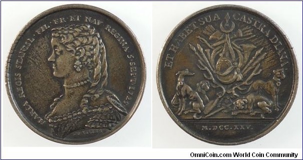 1725 Poland Maria Lesxcynska Medal by Jean Duvivier. Silver: 32MM.
Obv: Bust of Maria Lesscynska facing left. Rev: Hounds and symbols of hunting.
