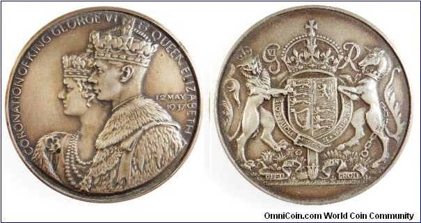 1937 UK Coronation of George VI Medal Unsigned (by J. Langford Jones), published by Spink & Sons Ltd., . Silver: 57MM
Obv: Conjoined 