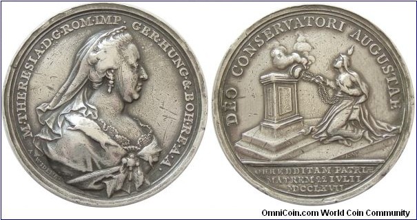 1767 Austria Habsburg Maria Theresia Holy Roman Emperor On The Recovery of the Empress of The smallpox Medal by A. Wideman. Silver: 47MM./34.5 gms.
Obv:  Bust of Maria Theresia (1740-1780) to right. Legend M.THERESIA D.G.ROM.IMP.GER.HUNG.& BOH.RE.A.A. Signed A. WIDEMAN. Obv: Religious sacrifices at the alter. Legend DEO CONSERVATORI AUGUSTAE. Exergue OBREDDITAM PATRLE MATREM 22 I VLII MDCCLXVII.
