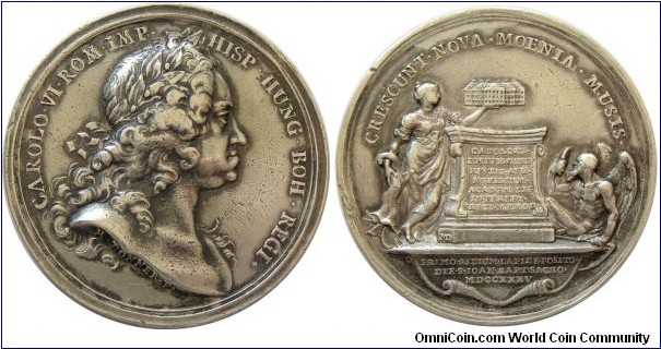 1735 Austria Charles VI Holy Roman Emperor Medal by M. Donner F. Silver: 51.5MM./52.6 gms.
Obv:  Bust of Emperor with a board laurel wreath right. Legend: CAROLO.VI.ROM.IMP.HISP.HUNG.BOH.REGI. Signed M.DONNER F. Rev: Silesia shows the building of the Academy; on the other side of the altar sit Satum. The inscription is perhaps on the promotion by the Habsburgs Joseph I and Charles VI. 1742 was the Academy into Prussian possession & had until 1778 University character, from 1810 it becomes a school. Legend CRESCUNT.NOVA.MOENIA.MUSIS. Exergue: FRIMO.AEDIUM.LAPIDE.POSITO.DIE.S.IOAN.EAPT.SACRO.MDCCXXXV
