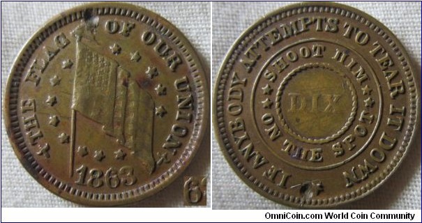 1863 Civil war DIX cent, slight damage on reverse but otherwise F