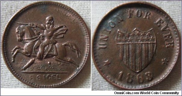 1863 civil war token cent, F SIGEL, High grade with some verdigris on reverse