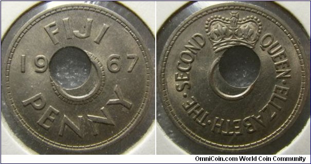 Fiji 1967 1 penny. Interesting hole error. Uncirculated! 