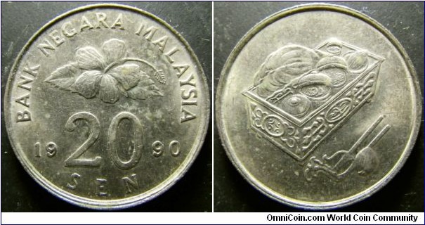 Malaysia 1990 20 sen. Doubling on the number 