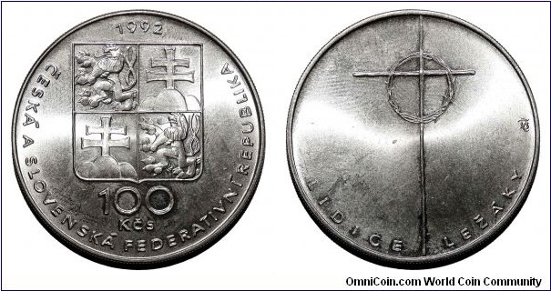 CZECHOSLOVAKIA (FEDERATIVE REPUBLIC)~100 Koruna 1992. Nazi Massacres  at Lidice and Lezaky *SCARCE*