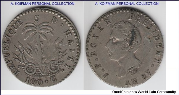 KM-A23, (1830)//AN 27 Haiti 100 centimes; silver, reeded edge; about very fine, slight off-center strike, flan lamination on reverse and blacking.
