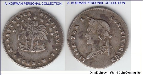 KM-118.1, 1855 Bolivia 1/2 sol, Potosi mint (PTS mintmark), MJ mint master; silver, reeded edge; fine plus or so, couple of stains on reverse.