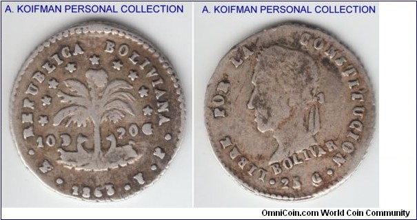 KM-133.2, Bolivia 1863 1/2 sol, Potosi mint (PTS mint mark), FP mintmaster initials; silver, reeded edge; fine.