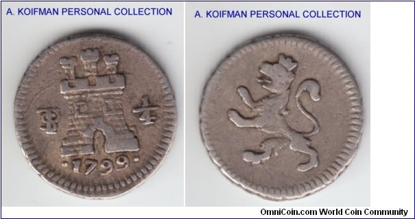KM-82, 1799 Bolivia 1/4 real, Potosi mint (PTS mint mark); silver, circle and rectangle edge; very fine or so.