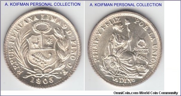 KM-206.2, 1900 Peru half dinero, looks like 1903/803 J.F. variety; silver, reeded edge; nice lustrous as often seen in these coins.