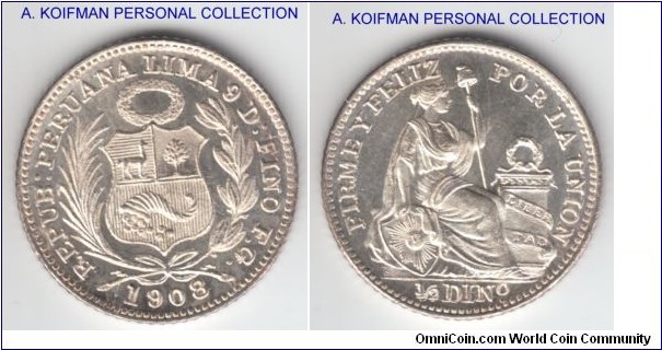 KM-206.2, 1908 Peru half dinero, F.J.; silver, reeded edge; nice lustrous as often seen in these coins.