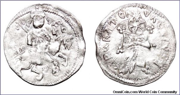 SERBIAN EMPIRE~AR Horseback Dinar 1355-1371 AD. Under Tsar: Stefan Uros V~The Feeble. Obv: Uros on horseback w/ name and title in Cyrillic initials. Rev: Crested helm with Uros's name and title in Latin.  *RARE*