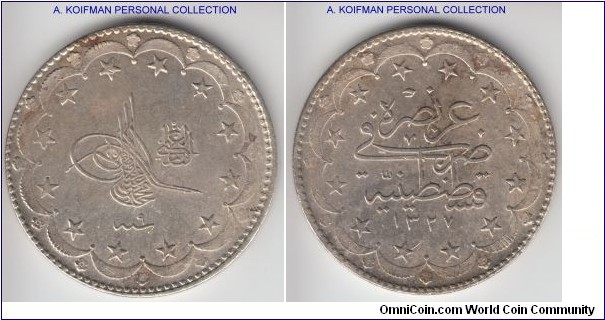 KM-780, AH1327/9 Osman Empire Turkey 20 kurush; silver, reeded edge; extra fine or so, some areas of the weaker strike although lustrous to appearance with no wear, reeding on the edge is either poorly made or partially filed off, if it was not a very common crown, I'd suspect a fake.