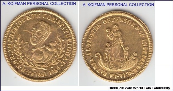 Fonrobert.9590, Bolivia 1854 escudo size proclamation medal, Potosi mint; gold, reeded edge; nice, uncirculated or almost, few flan defects.