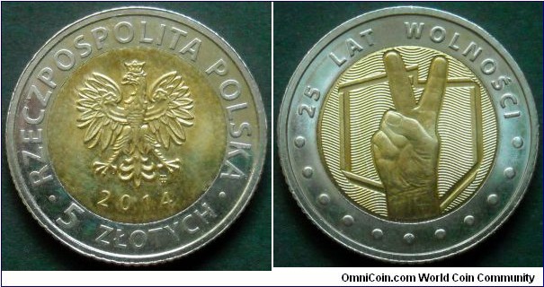 Poland 5 złotych.
2014, Discover Poland - 25 years of Freedom.
Bimetal.