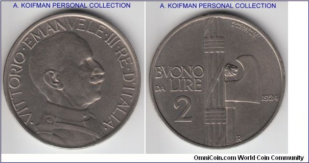 KM-63, 1924 Italy 2 lire; nickel, plain edge; good extra fine or better.